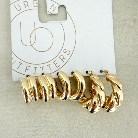 NWT Urban Outfitters 3 Sets Thick Hoop Design Gold Earrings - Picture 1 of 3